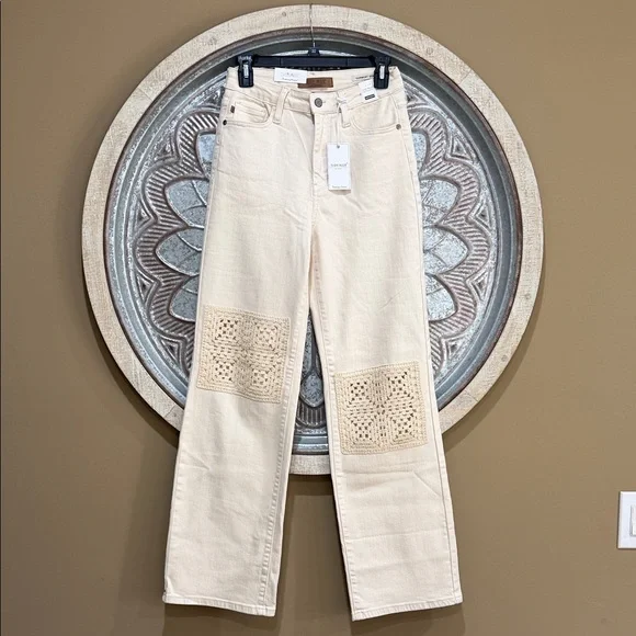 NWT- Judy Blue Cream Wide Leg Garment Dyed High Waist crochet patchwork Jeans - Picture 3 of 11